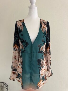 Free People Teal, Black & Cream Floral V-Neck Blouse